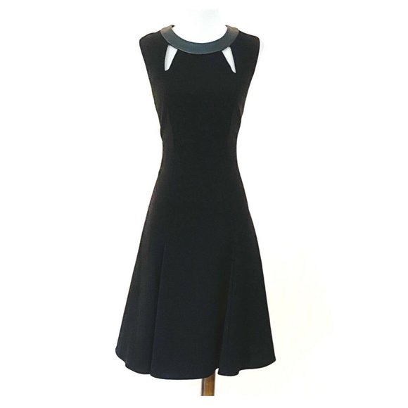 Calvin Klein Dresses & Skirts - Calvin Klein Sleeveless Faux Leather Trim Neckline Cutout Flare Dress Size 8